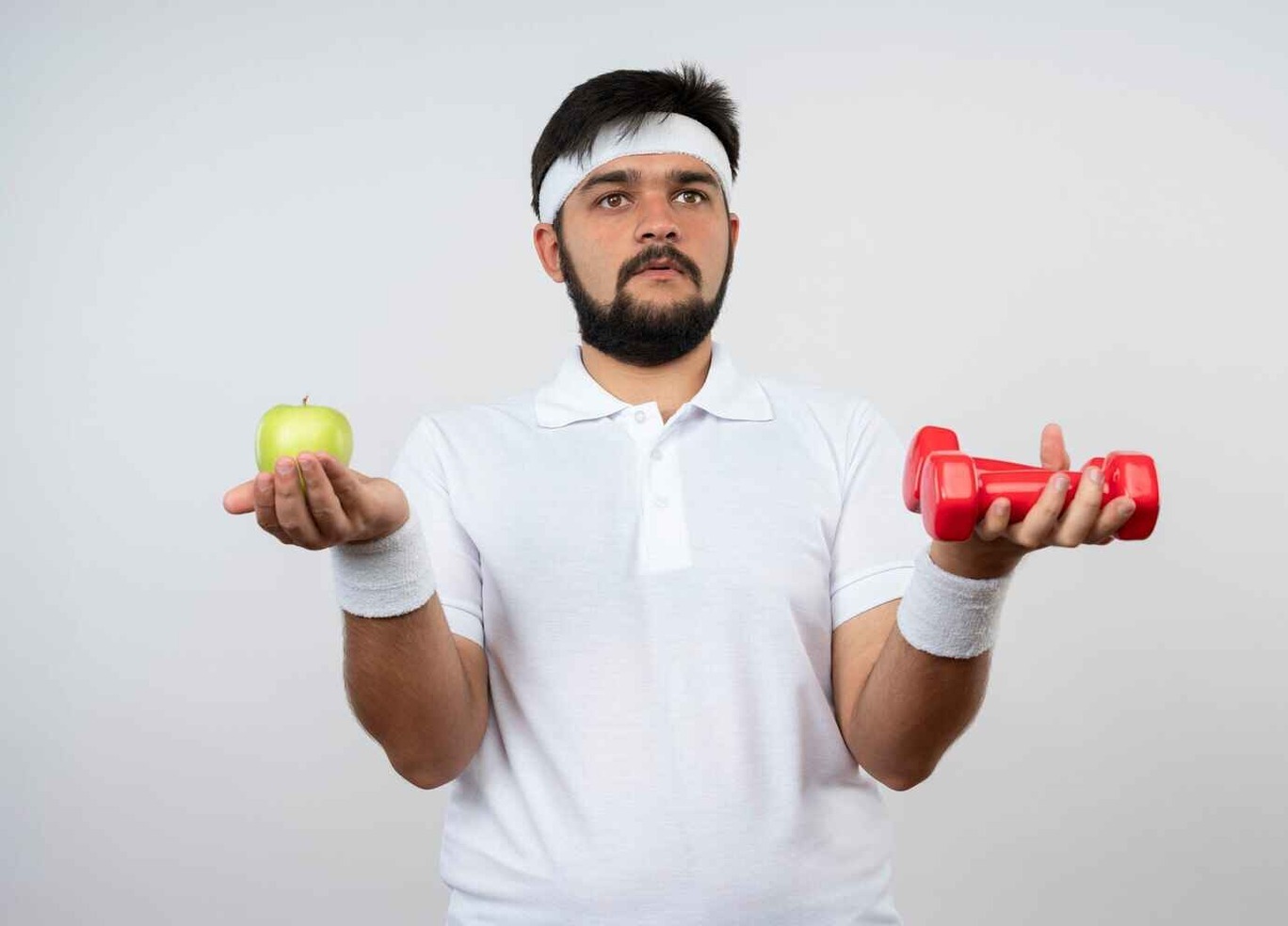 “Confused person surrounded by fitness books, workout apps, and healthy food”
