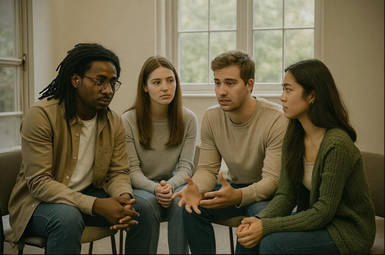 "Students discussing depression in a mental health support group"

