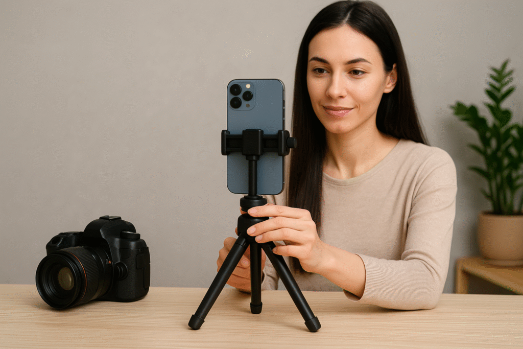 “Modern content creator using a smartphone on a tripod, filming a video with natural lighting, DSLR camera placed aside.”