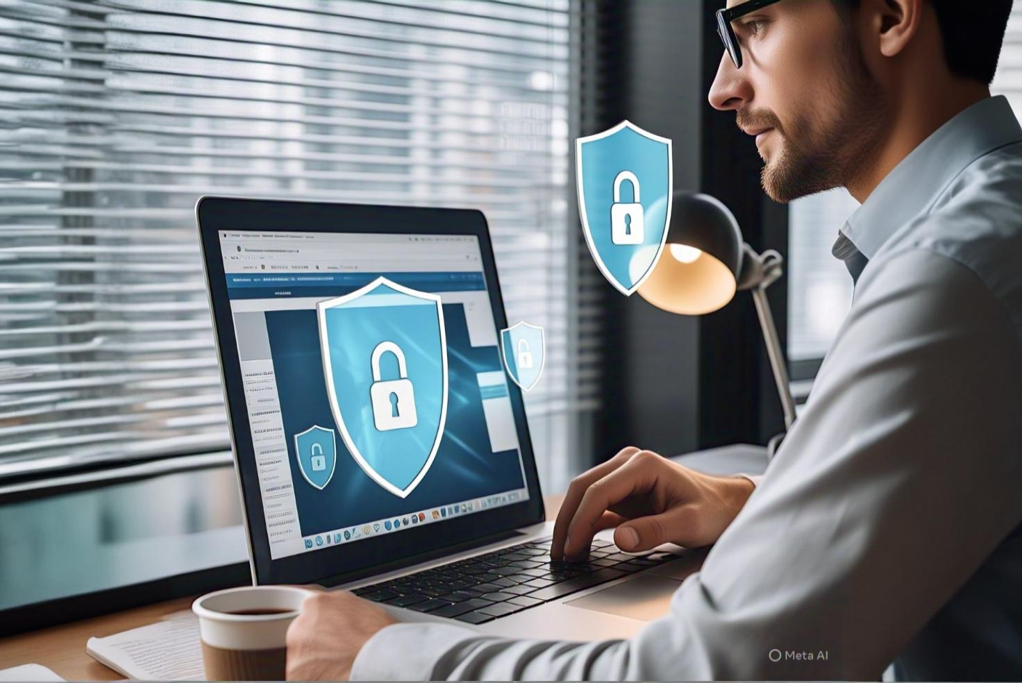 "User practicing online safety on laptop with digital security icons"

