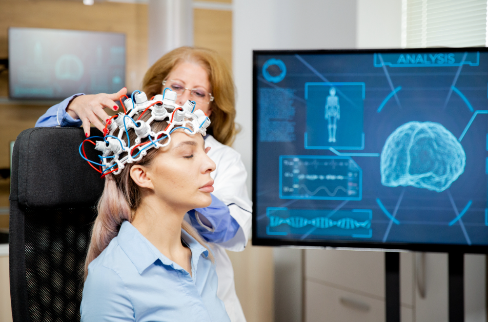 "Brain-computer interface device demonstrating neural technology in 2025"