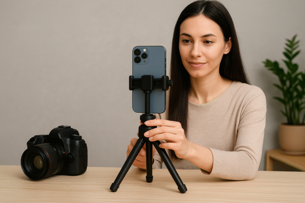 “Modern content creator using a smartphone on a tripod, filming a video with natural lighting, DSLR camera placed aside.”