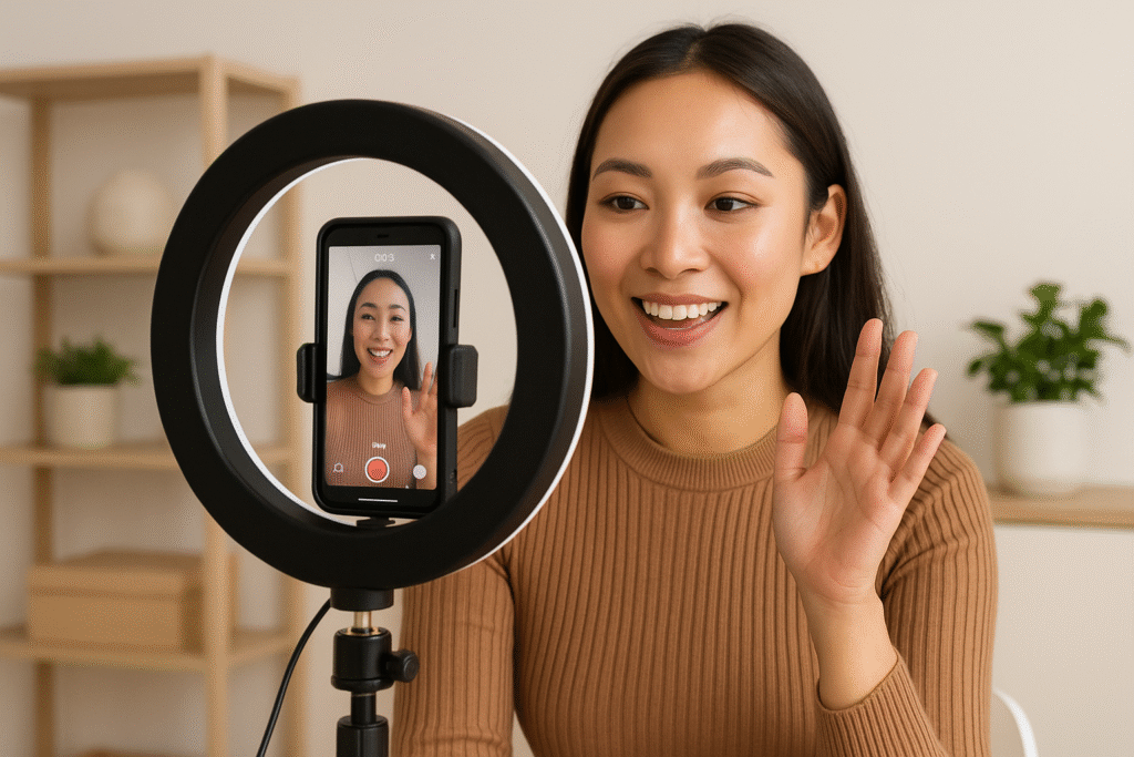 Business owner recording TikTok Reel with smartphone and ring light in 2025