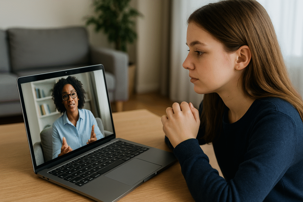 Teen girl having an online therapy session on a laptop with a virtual therapist on screen