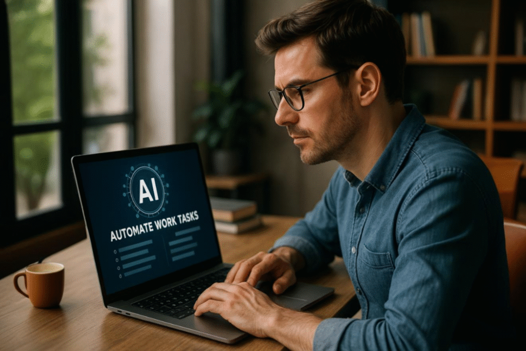 Freelancer using AI software on a laptop to automate work tasks in 2025