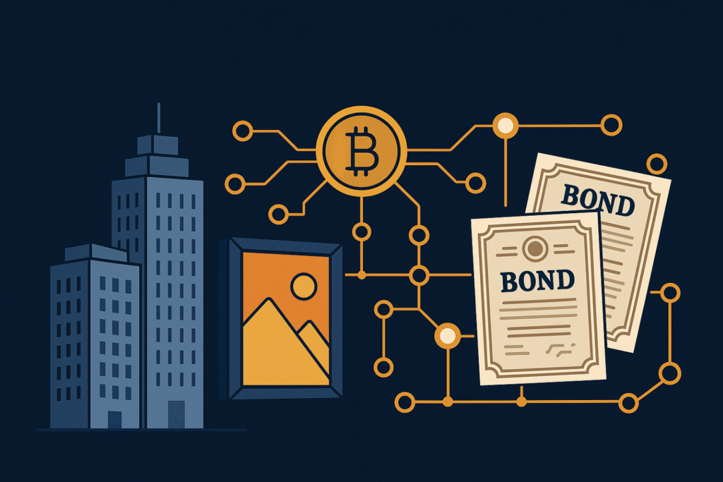 "Illustration of real estate buildings, fine art, and bond certificates connected to a blockchain network, symbolizing tokenization of assets after stablecoins"