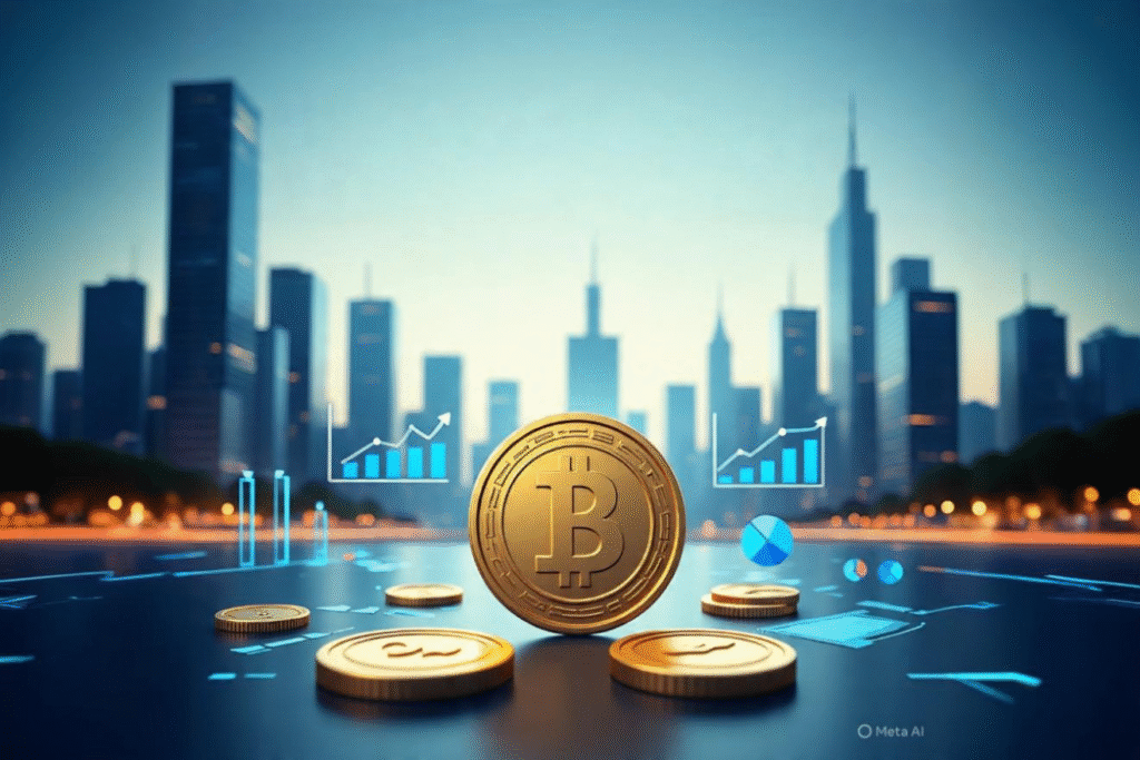 A modern digital illustration symbolizing stablecoin regulation and cryptocurrency innovation, inspired by the GENIUS Act, featuring blockchain visuals, coins, and abstract futuristic elements.