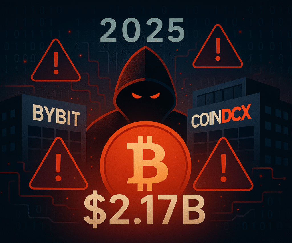 Visual showing crypto exchange hacks in 2025, including Bybit and CoinDCX with $2.17B loss"