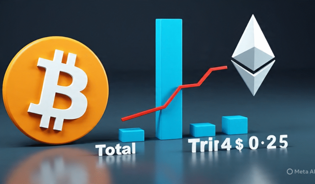 “Total crypto market cap hits $4 trillion in 2025 showing bullish chart with Bitcoin and Ethereum symbols”