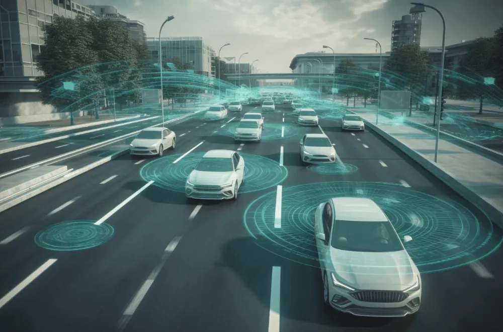 Smart city powered by 6G technology with connected vehicles and IoT devices.”